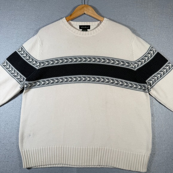 Vintage Eddie Bauer Mens Cream Geometric Stripe Crewneck Sweater Size Medium - Picture 3 of 14